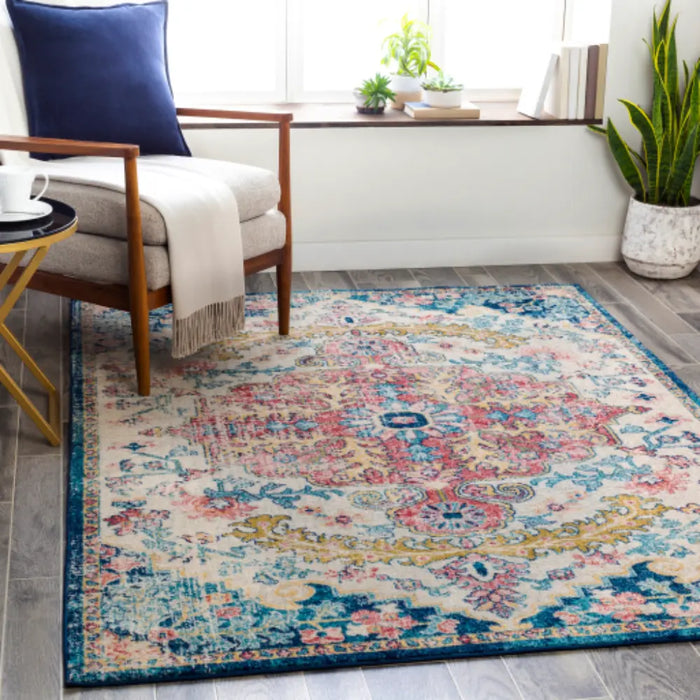 MAVERICK Vintage Traditional Oriental Boho Sky Blue/Garnet Rug