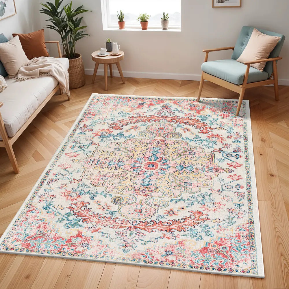 MAVERICK Vintage Traditional Oriental Boho Bright Red Rug Multicoloured ...