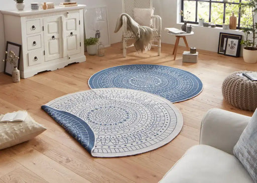 NorthRugs twin reversible circles indoor outdoor 103104 blue cream Blue, Cream Living Room  Rug.