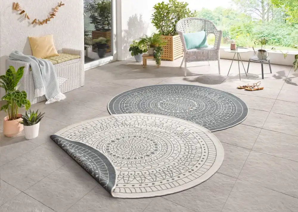 Twin Reversible Circles Indoor Outdoor 103143 Grey Cream Rug