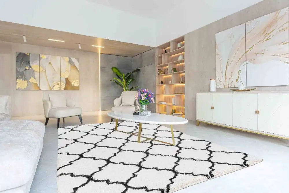 Serdim Rugs marrakesh 520 trellis stone Black, Ivory, Cream Living Room Geometric Rug.