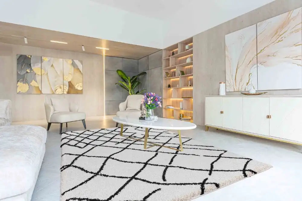 Serdim Rugs marrakesh 535 abstract stone Black, Ivory, Cream Living Room Geometric Rug.