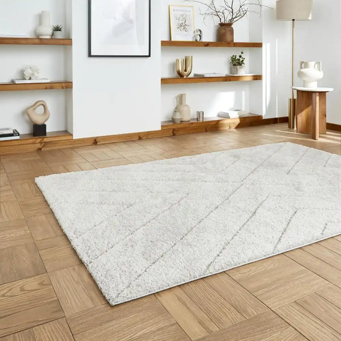 Think Rugs ideal shaggy 80362 silver Grey Living Room Geometric Rug.
