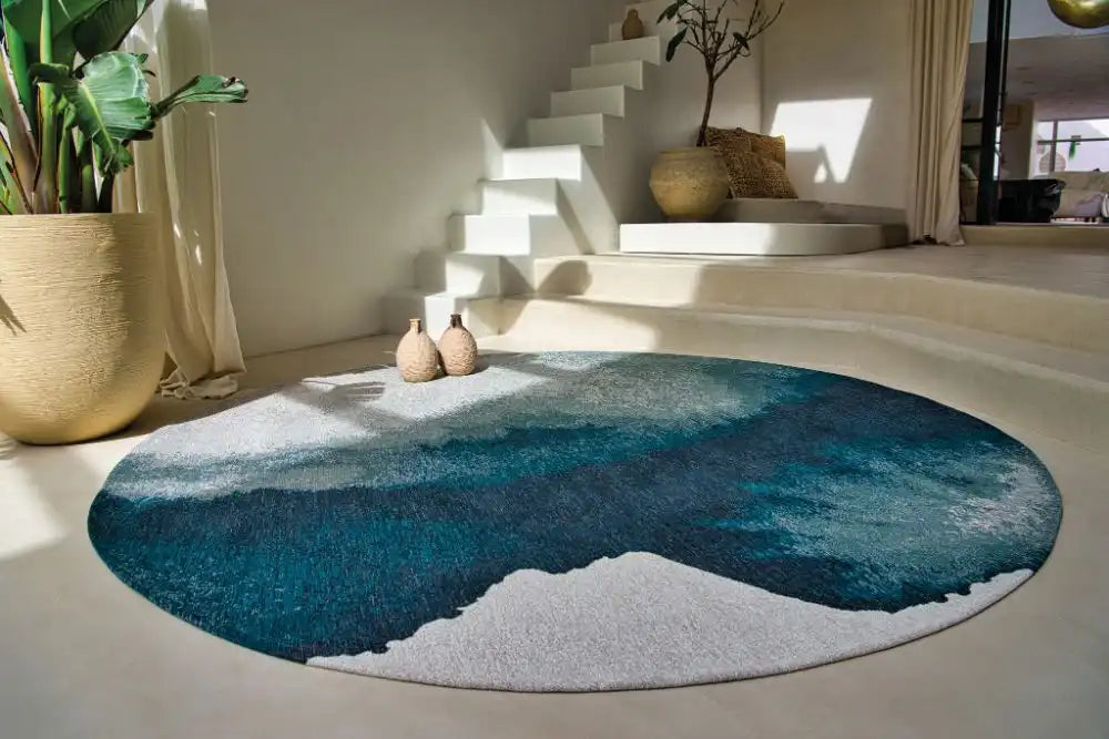 Louis de Poortere lagoon 9332 lagoon inkjet Blue, Ivory Living Room Flat Weave Rug.