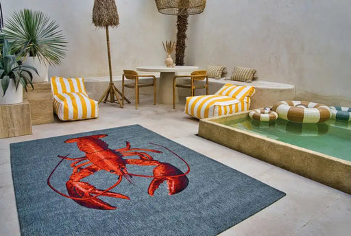 Louis de Poortere pop by louis 9389 lobster steam red Blue, Red Living Room Flat Weave Rug.