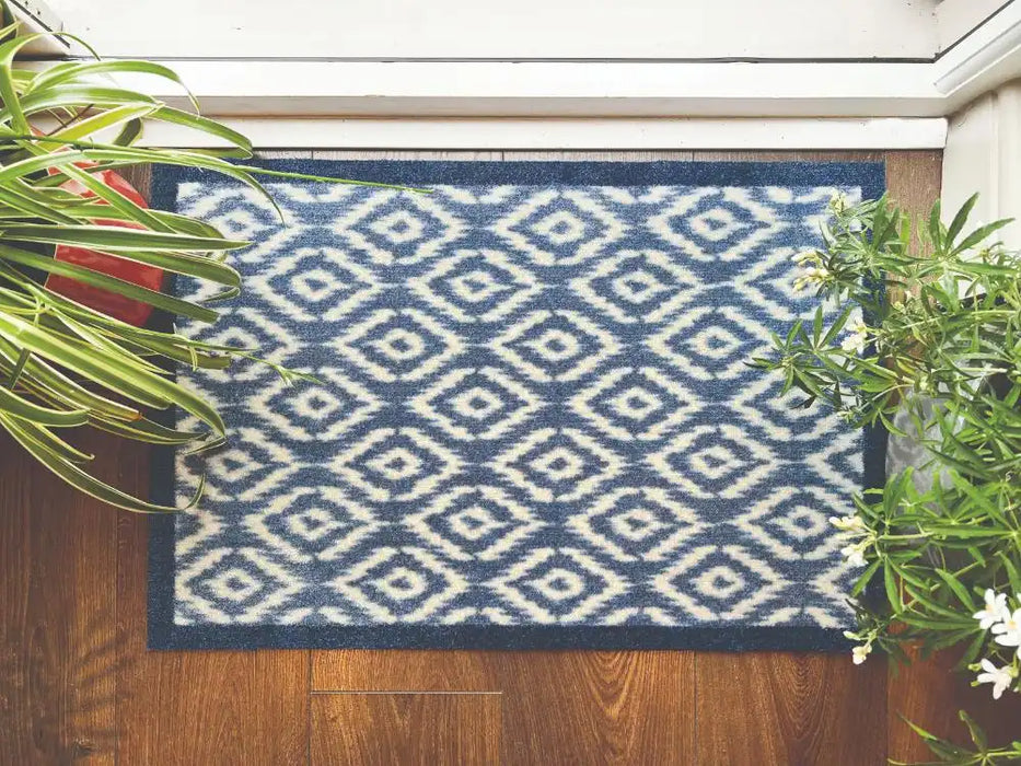 My Mats nylon indoor abstract geo Blue Kitchen  Washable Rug.