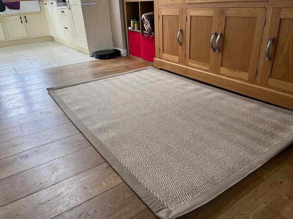 Sisal Rugs havana argent with a faux suede caramel Beige Living Room Geometric Rug.