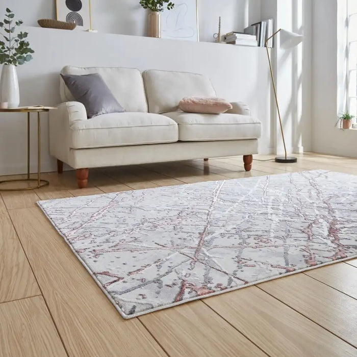 Think Rugs artemis b8403a pink silver Grey, Pink Living Room Geometric Rug.
