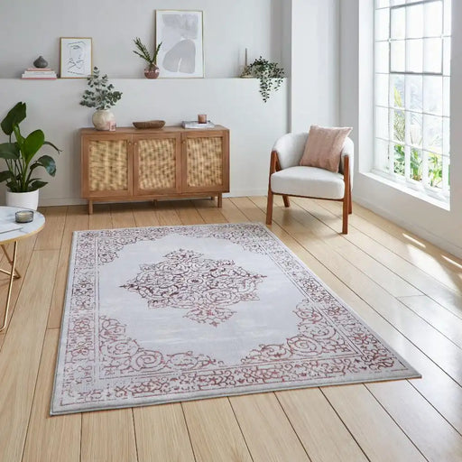 Think Rugs artemis b9076a rose silver Grey, Pink Living Room Geometric Rug.