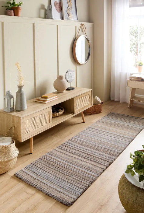 Origins fine stripe beige Beige Living Room Wool Rug.
