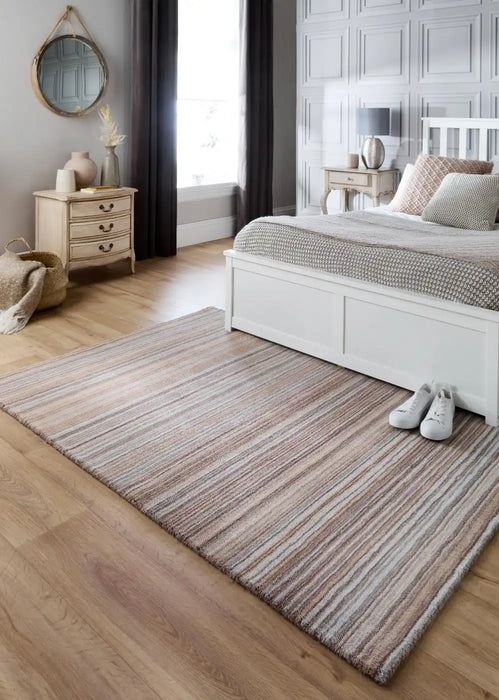 Origins fine stripe beige Beige Living Room Wool Rug.