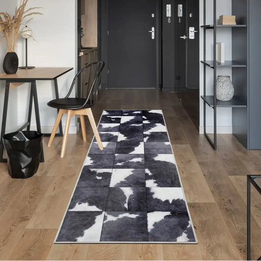 Likewise Matting faux hide black white patchwork Black, Cream Living Room  Rug.