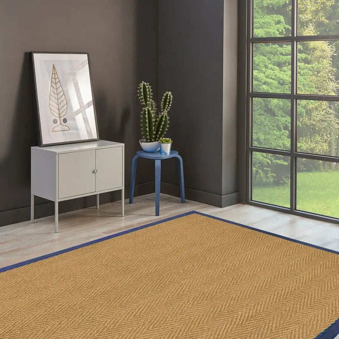 Likewise Matting herringbone coir blue Beige Living Room  Rug.