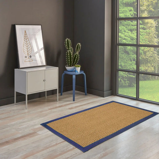 Likewise Matting herringbone coir blue Beige Living Room  Rug.