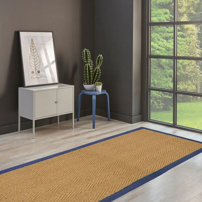 Likewise Matting herringbone coir blue Beige Living Room  Rug.