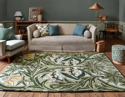 Morris & Co morris and co bluebell leafy arbour green 127607 Green Living Room Wool Rug.