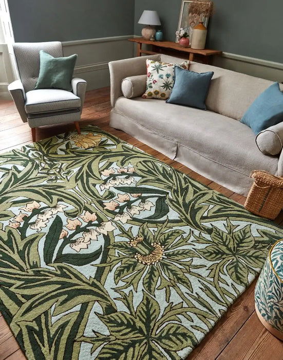 Morris & Co morris and co bluebell leafy arbour green 127607 Green Living Room Wool Rug.