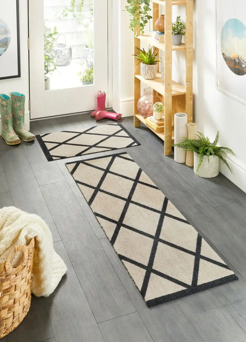 My Mats nylon indoor border geo Grey, Ivory Kitchen  Washable Rug.
