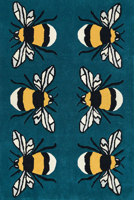Woven Edge natural world bumble bee Blue, Green, Yellow, Multicoloured Living Room Wool Rug.