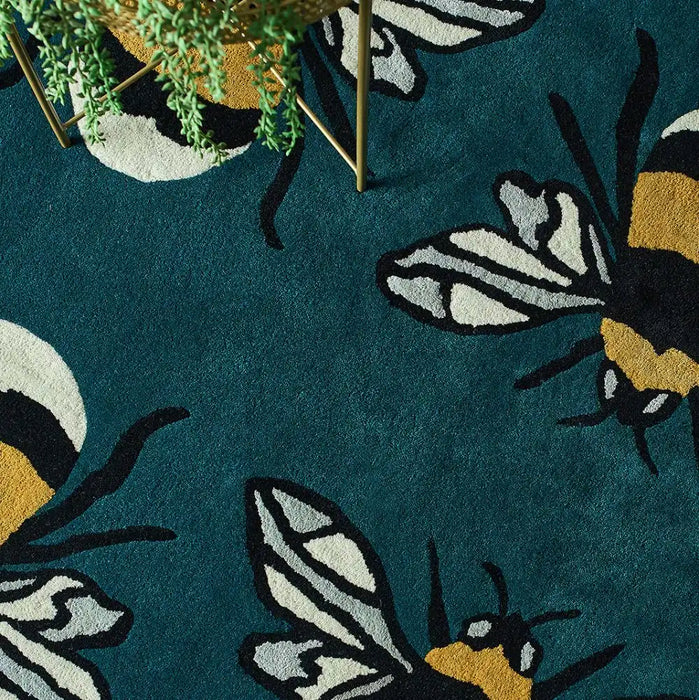 Woven Edge natural world bumble bee Blue, Green, Yellow, Multicoloured Living Room Wool Rug.
