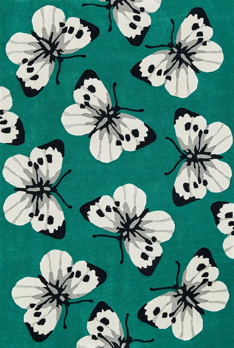 Woven Edge natural world butterfly Green, Ivory, Multicoloured Living Room Wool Rug.