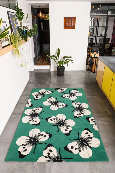 Woven Edge natural world butterfly Green, Ivory, Multicoloured Living Room Wool Rug.
