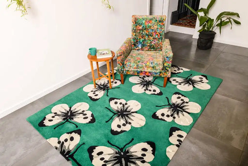 Woven Edge natural world butterfly Green, Ivory, Multicoloured Living Room Wool Rug.