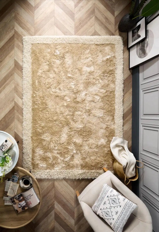 Origins shimmer border champagne Ivory Living Room Shaggy Rug.
