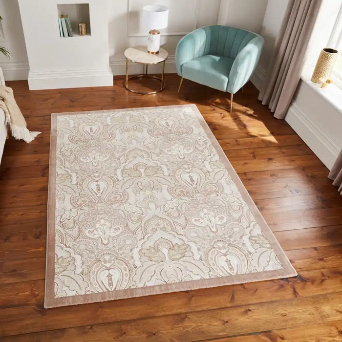 Think Rugs laurence llewelyn bowen damask bronze Brown, Beige Living Room Floral Rug.