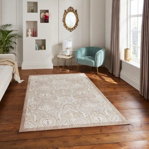 Think Rugs laurence llewelyn bowen damask bronze Brown, Beige Living Room Floral Rug.