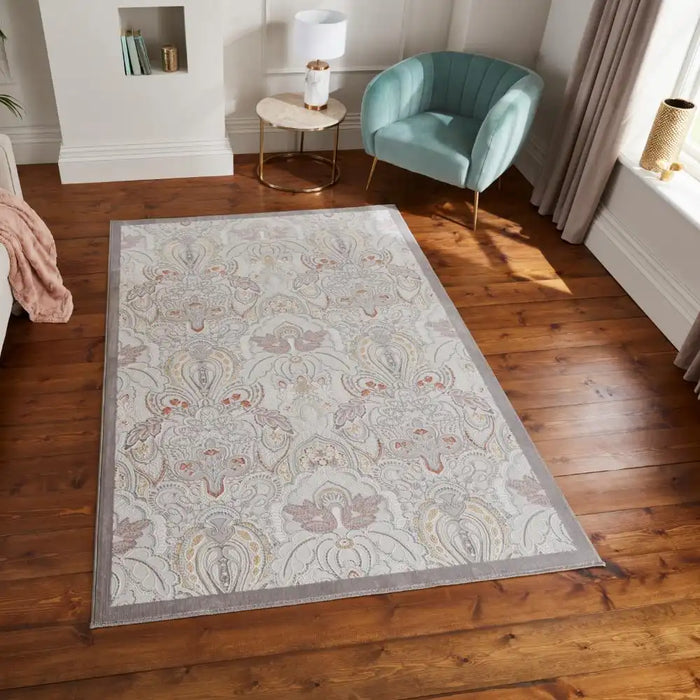 Think Rugs laurence llewelyn bowen damask pearl Grey Living Room Floral Rug.