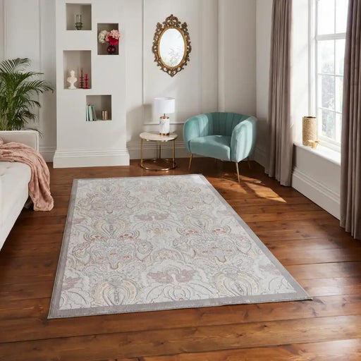 Think Rugs laurence llewelyn bowen damask pearl Grey Living Room Floral Rug.