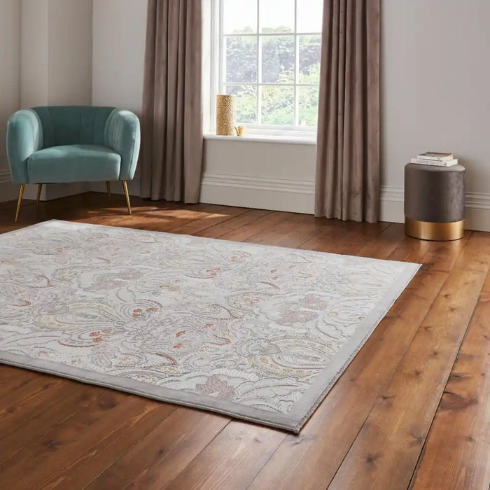 Think Rugs laurence llewelyn bowen damask pearl Grey Living Room Floral Rug.