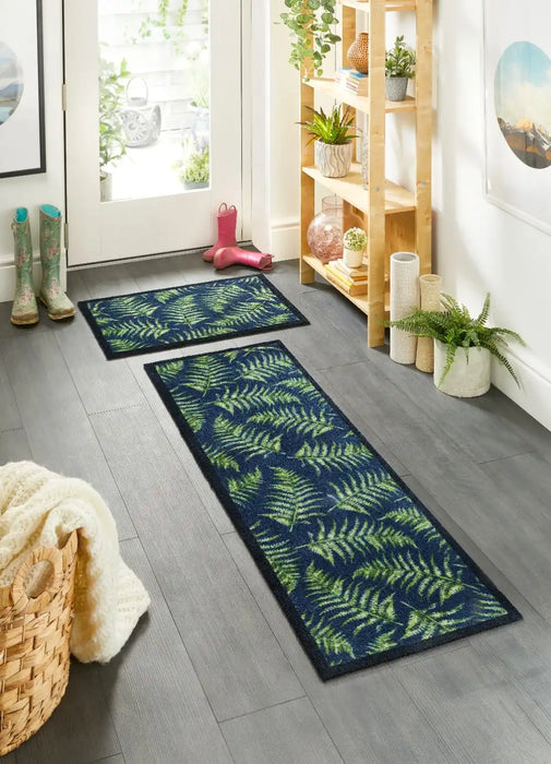 My Mats nylon indoor fern leaves Blue, Green, Multicoloured Kitchen  Washable Rug.