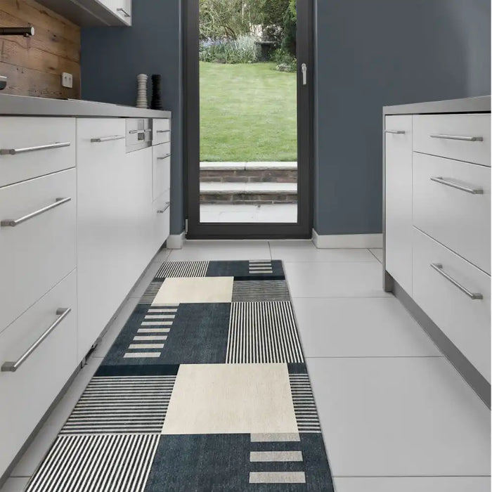 Likewise Matting toyko geo blocks blue Blue Living Room Geometric Rug.