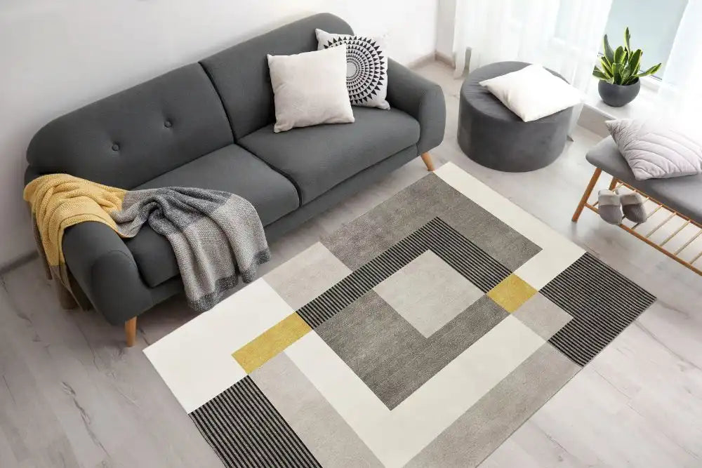 Likewise Matting toyko geo blocks ochre grey Grey, Yellow Living Room Geometric Rug.