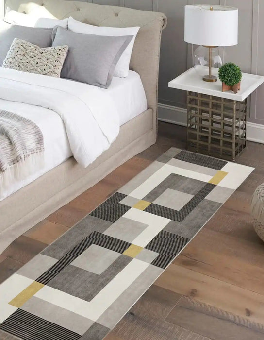 Likewise Matting toyko geo blocks ochre grey Grey, Yellow Living Room Geometric Rug.