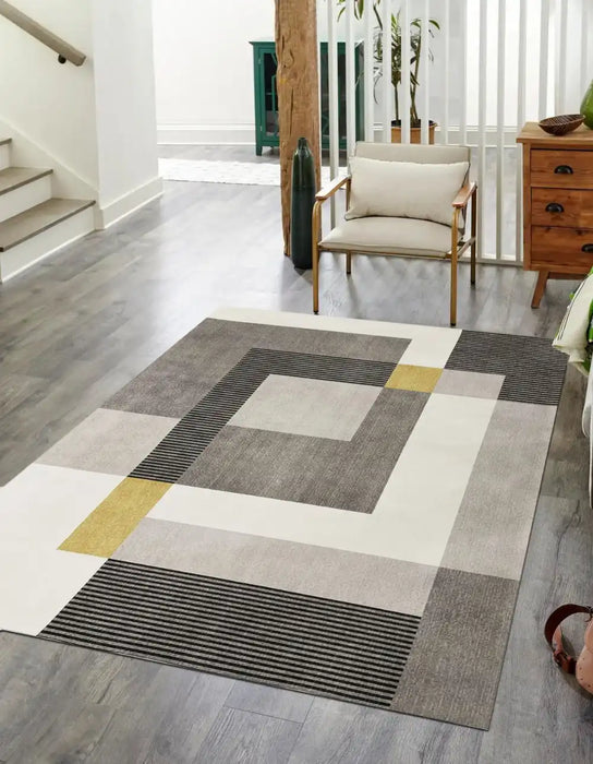 Likewise Matting toyko geo blocks ochre grey Grey, Yellow Living Room Geometric Rug.