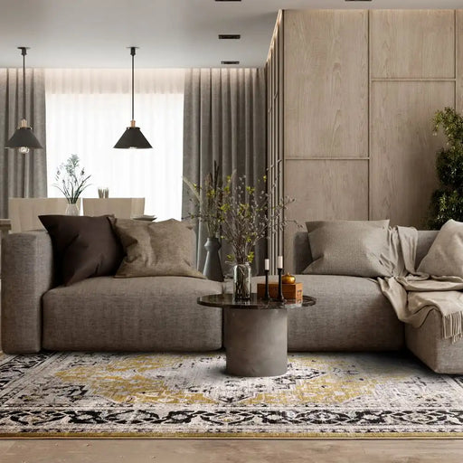 Asiatic sovereign gold medallion 03 Grey, Yellow Living Room Flat Weave Rug.
