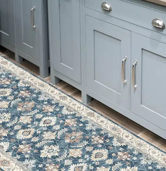 Likewise Matting silk road washable jurdar Blue Living Room Washable Rug.