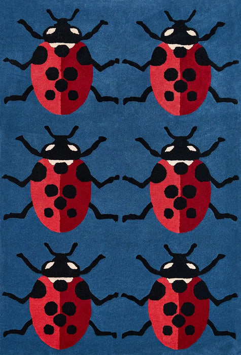 Woven Edge natural world ladybird Blue, Multicoloured, Red Living Room Wool Rug.