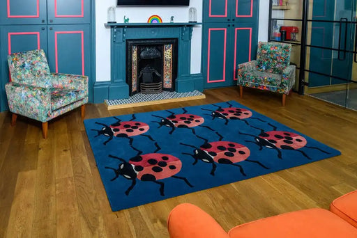 Woven Edge natural world ladybird Blue, Multicoloured, Red Living Room Wool Rug.