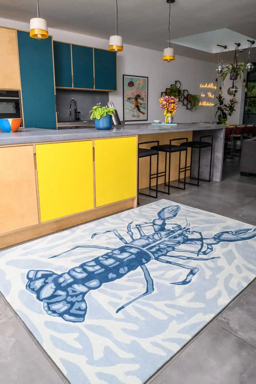Woven Edge natural world lobster Blue, Grey Living Room Wool Rug.