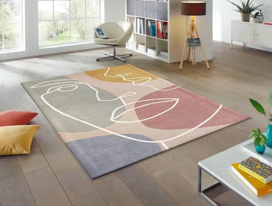 Wash + Dry decor modern faces Multicoloured Living Room Washable Rug.