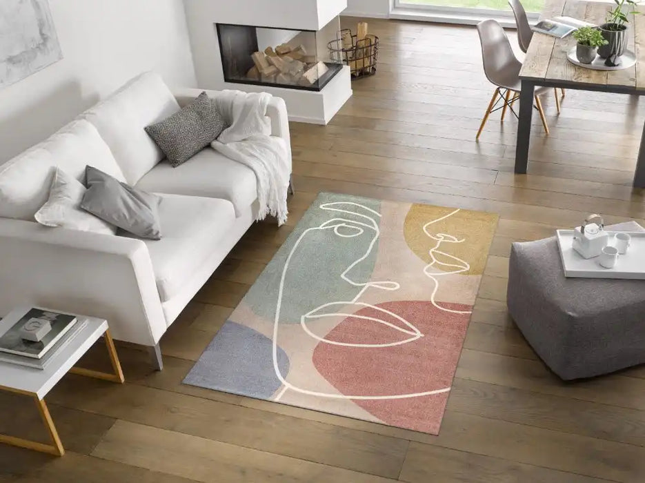 Wash + Dry decor modern faces Multicoloured Living Room Washable Rug.