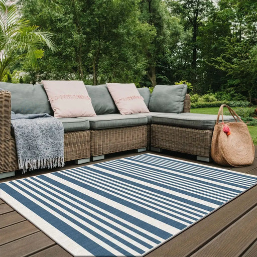 Likewise Matting duo weave indoor outdoor modern stripes ocean Blue, Ivory Outdoor  Flat Weave Rug.