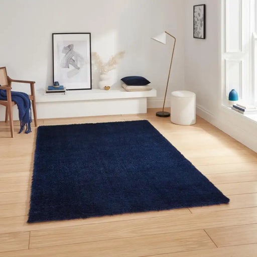 Think Rugs lux shaggy navy Blue, Navy Living Room Shaggy Rug.