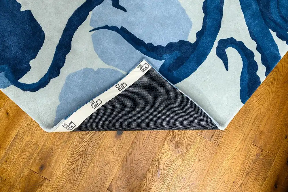 Woven Edge natural world octopus Blue, Navy Living Room Wool Rug.