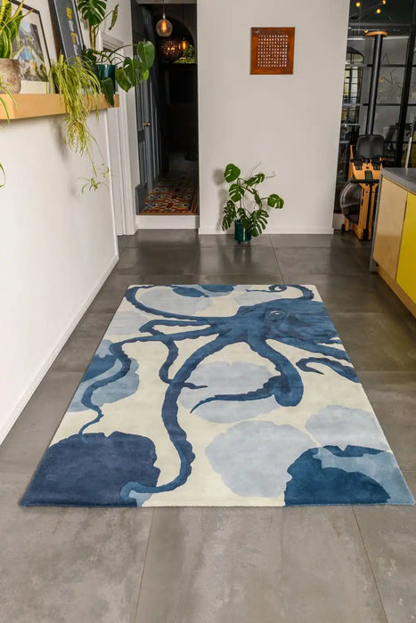 Woven Edge natural world octopus Blue, Navy Living Room Wool Rug.