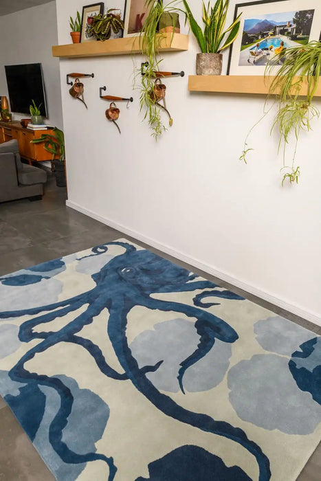 Woven Edge natural world octopus Blue, Navy Living Room Wool Rug.